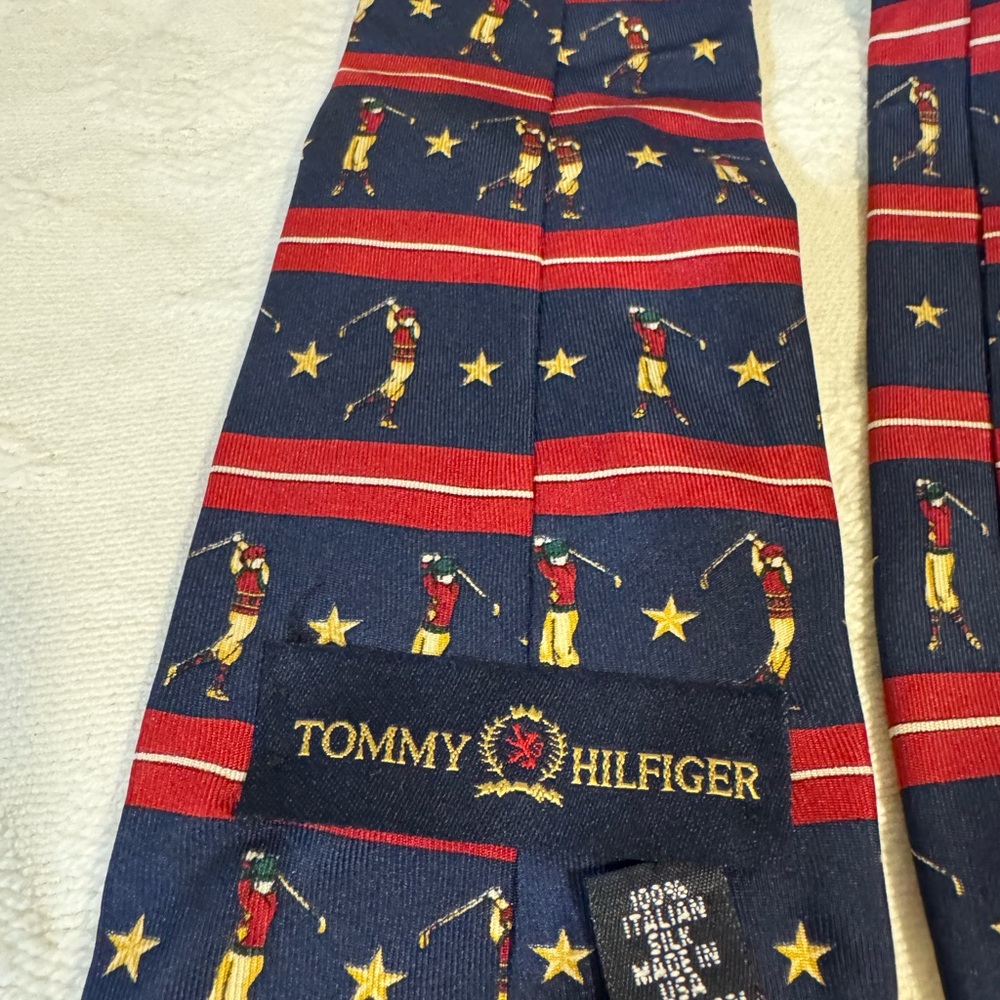 Tommy Hilfiger Golf Motif Tie Navy Gold‎ Red Italian Silk USA